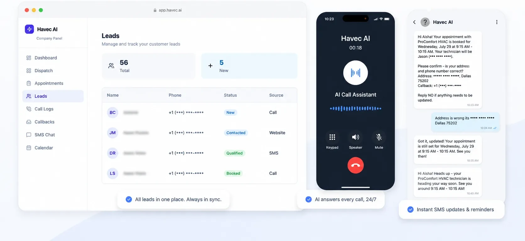 Havec AI dashboard showing leads, a live AI call and the customer SMS thread